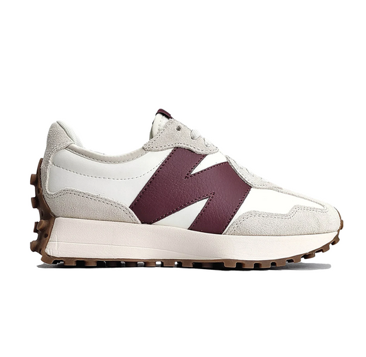Shoellist | New Balance 327 trainers in off white and burgundy 